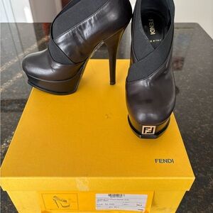 Fendi Black Leather Heels with Gold Accent